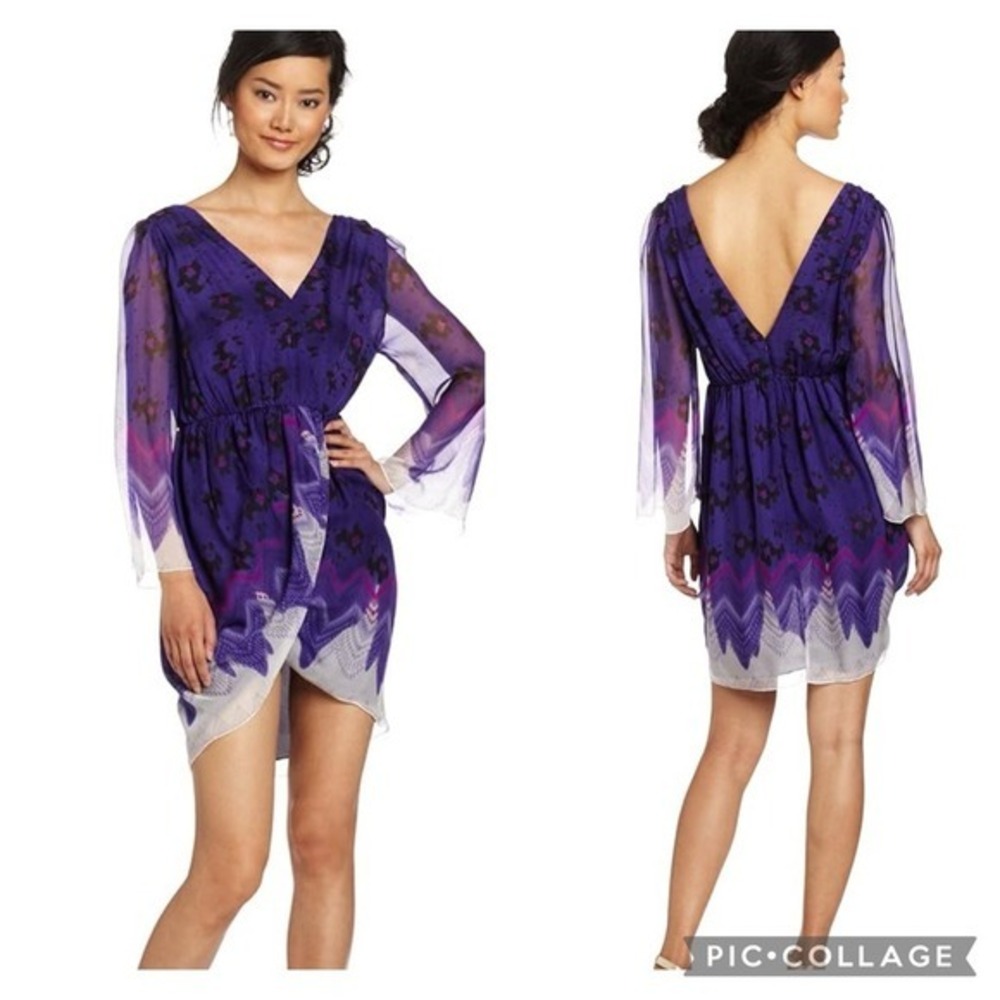 Aryn K Purple Silk Dress Size M‎ 100% Silk Print V-Neck Elastic Waist Fairycore